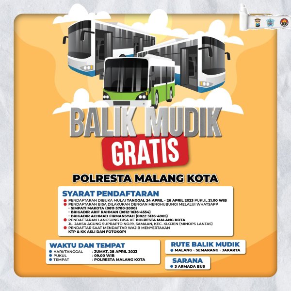 Fasilitasi Pemudik, Polresta Malang Kota Buka Layanan Balik Mudik Gratis
