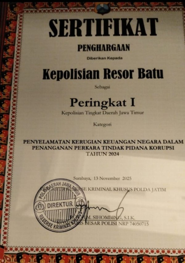 Penanganan Kasus Korupsi 2024, Polres Batu Raih Peringkat 1 Penyelamatan Kerugian Negara